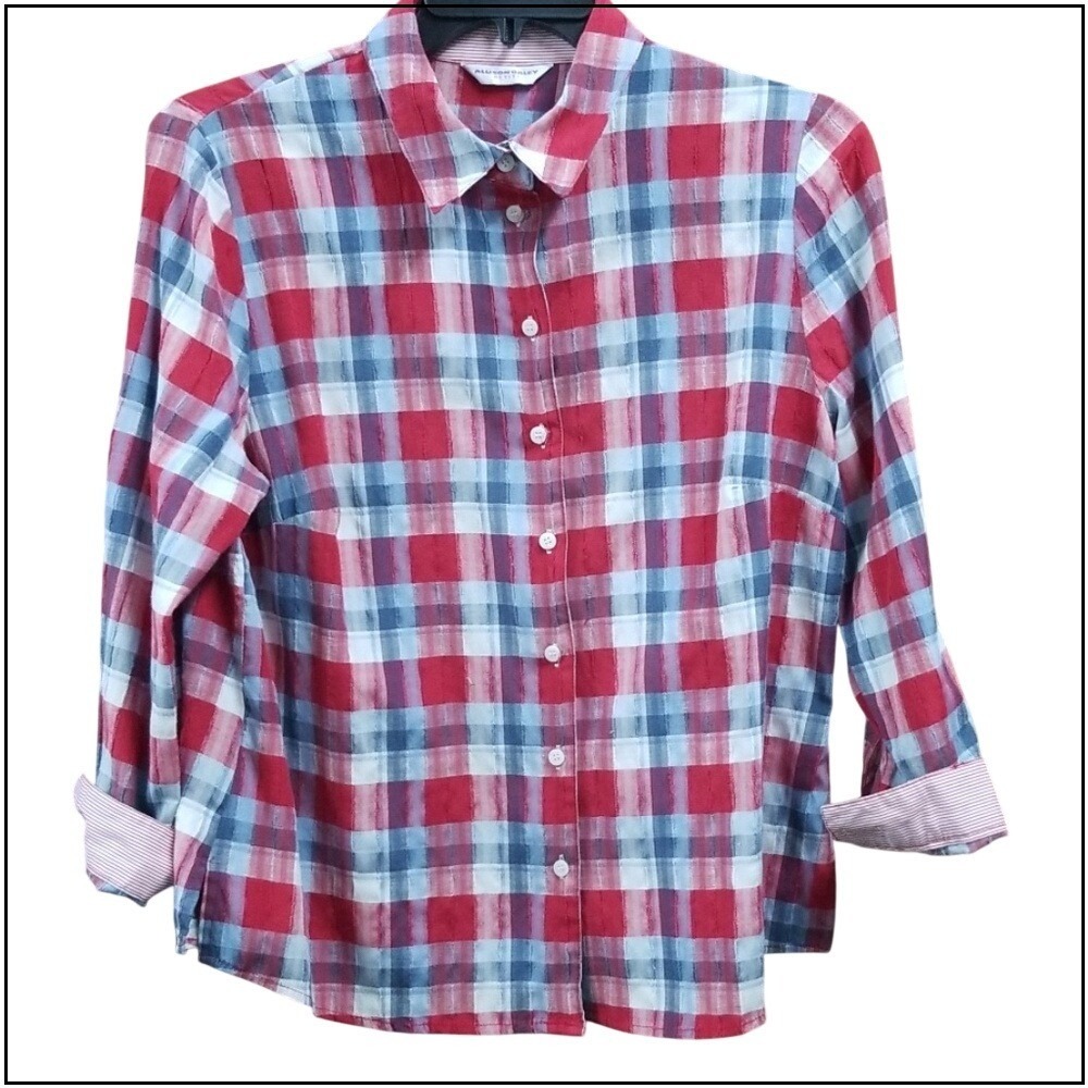 Allison Daley Petite Plaid Button Up Shirt Red‎ White Blue 3/4 Sleeve Blouse